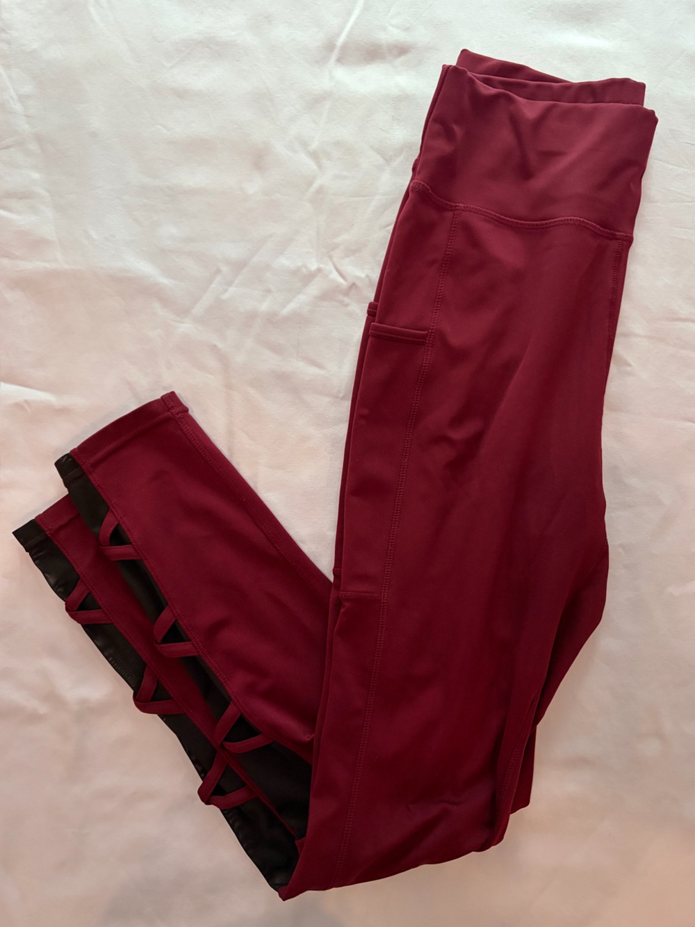 POP Fit Burgundy High-Waist Leggings with Lattice Hem